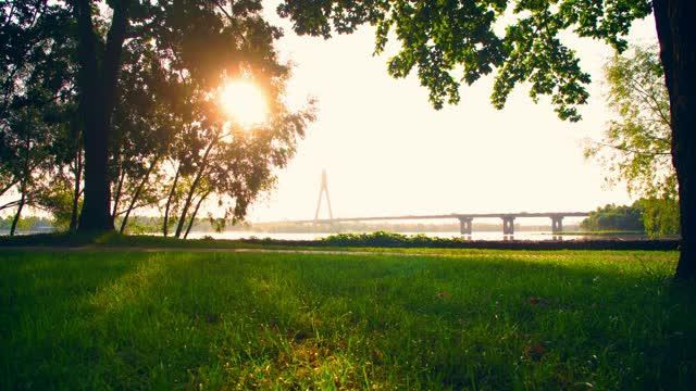 View of a park while a girl runs across