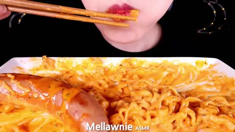 ASMR CHEESY FIRE NOODLES- SAUSAGES