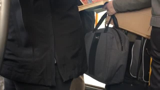 Woman pets pet rat on subway