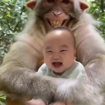 Funny monkey with men kid together laughing video