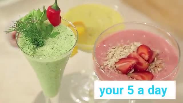 Presentation of Strawberry, Green Vegetables and Citrus Smoothies Decorated in Glasses