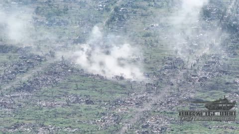 Russian T-72B3M Tank Patrols the Western Reaches of the Bombed Out Ruins of Marinka