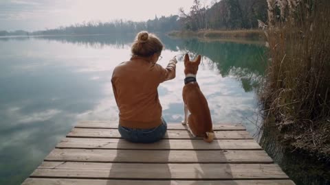 Young woman or teenager in brown jacket on edge of pier or boardwalk with best friend puppy dog