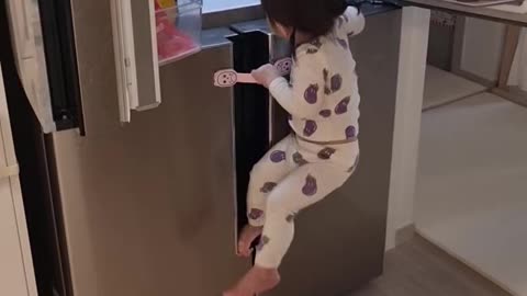 Baby climbing the refrigerator