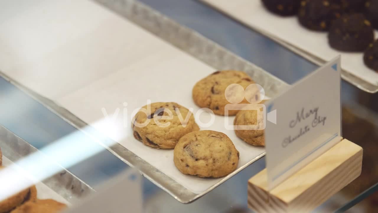 Cookies and sweets on display at a shop, close up