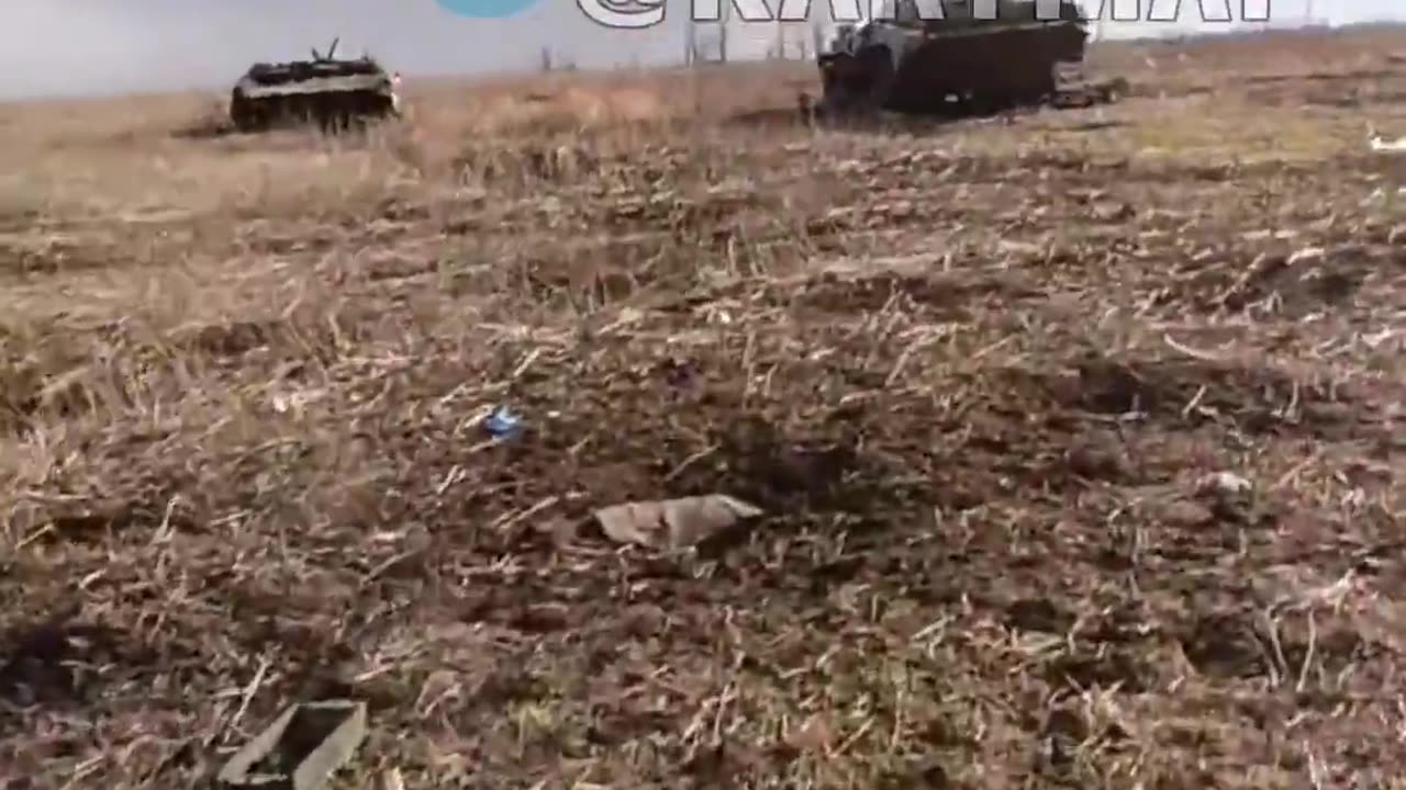 A destroyed Russian column is filmed by a Russian soldier. Donetsk.