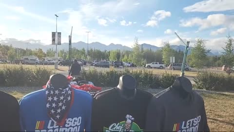 Festive atmosphere outside the Donald Trump Save America rally in Anchorage this morning!