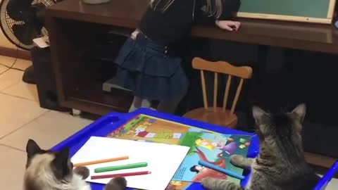 Little girl teaching her cats how to draw a flower