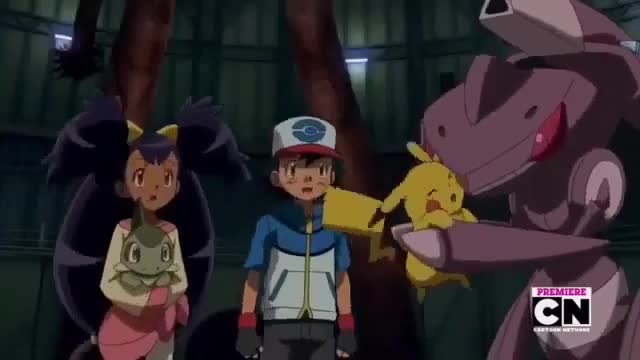 Genesect nuzzles Pikachu for saving it