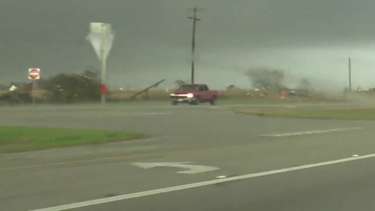 Weather bomb hits texas... check out the chevy spinning like a top...