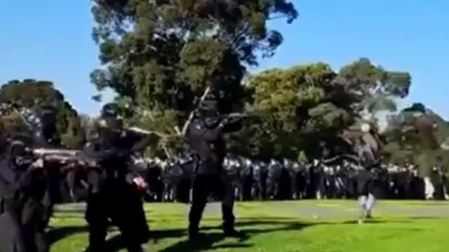 Melbourne Australian Police firing at protesters at the Shrine of Remembrance War Memorial.