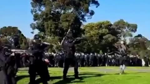 Melbourne Australian Police firing at protesters at the Shrine of Remembrance War Memorial.