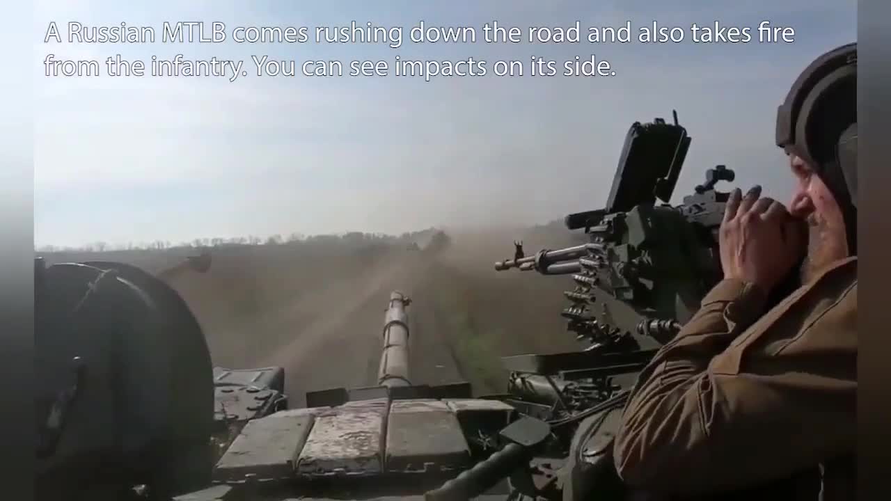 Ukranian tank in the Nikolaev-Krivoy which suddenly encounters 3 Russian vehicles with troops.