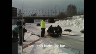 Frozen Alaskan river turns into human bowling lane!