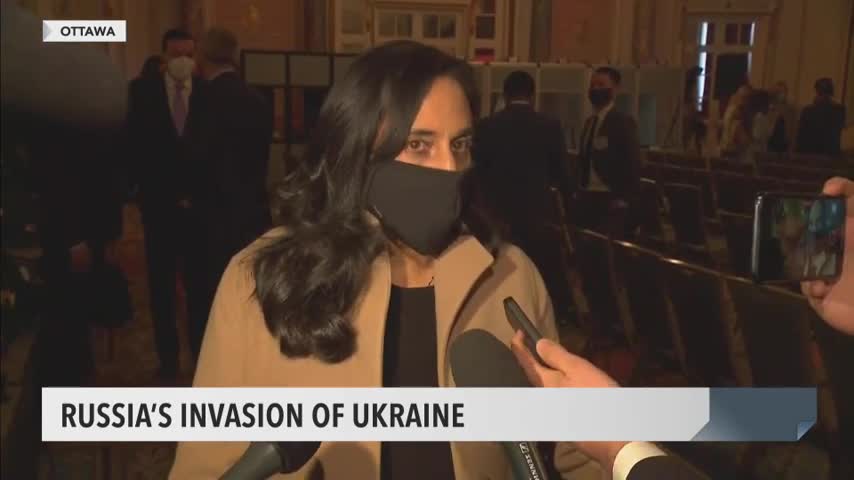 Minister Anita Anand speaks with reporters after defence conference address