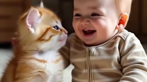 Cute and funny babies playing with cute cat 😺