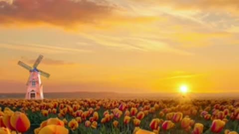 When the healing sunset meets the beautiful tulip such a beautiful scene who