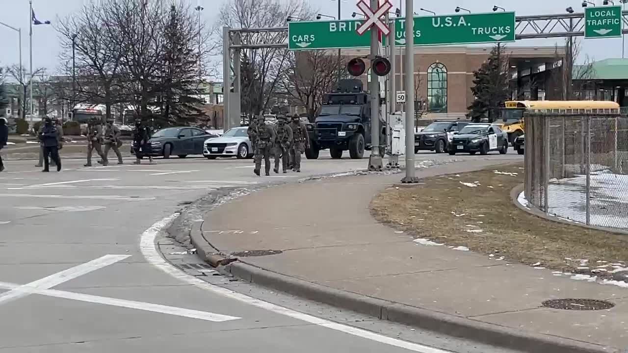 Deployment of police at Ambassador Bridge.