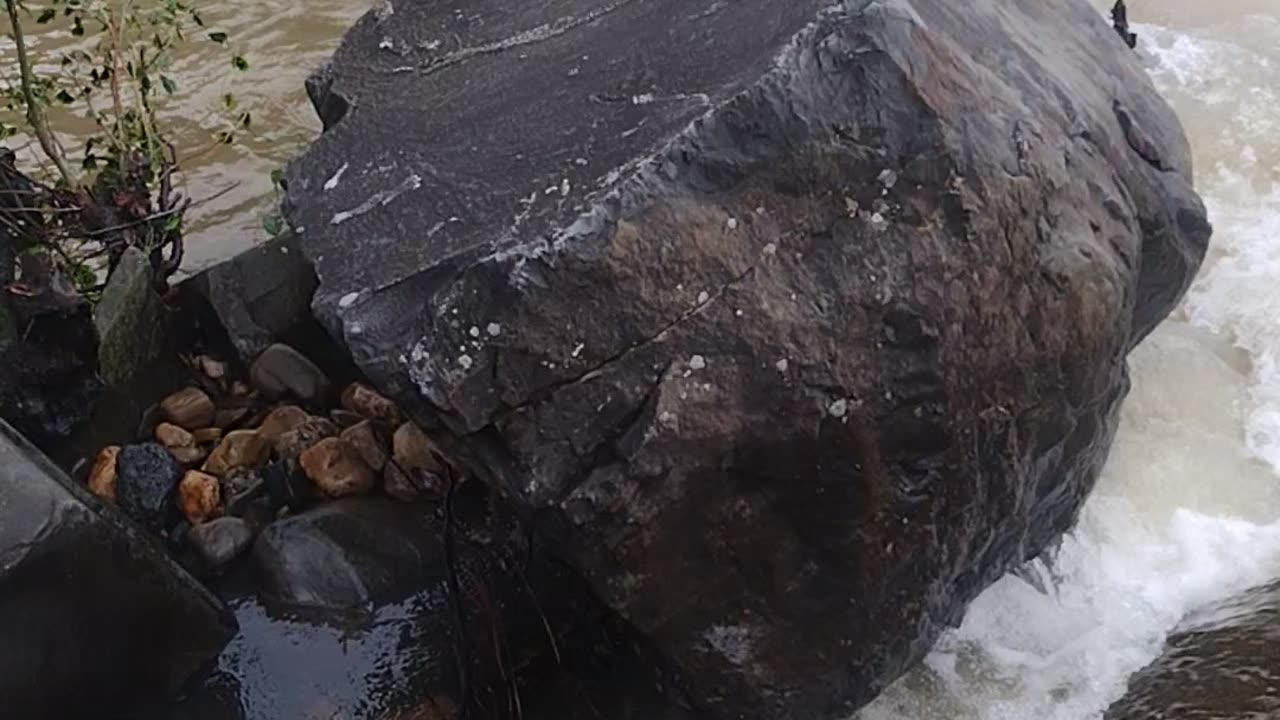 Water flowing around rock