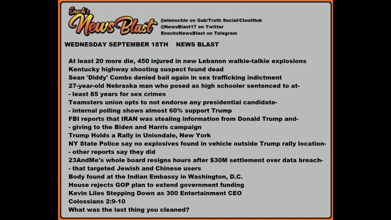 Wednesday September 18, 2024 News Blast