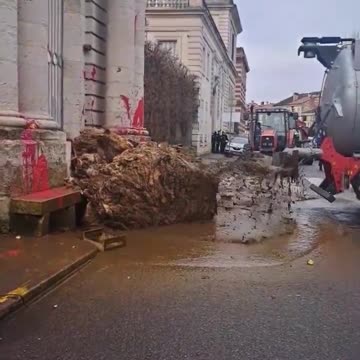 French farmers dump a load of tripe in front of a government building