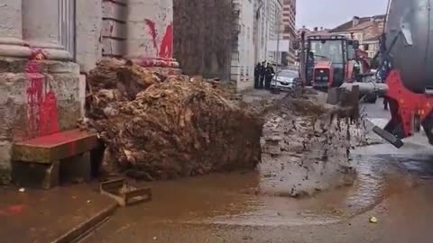 French farmers dump a load of tripe in front of a government building