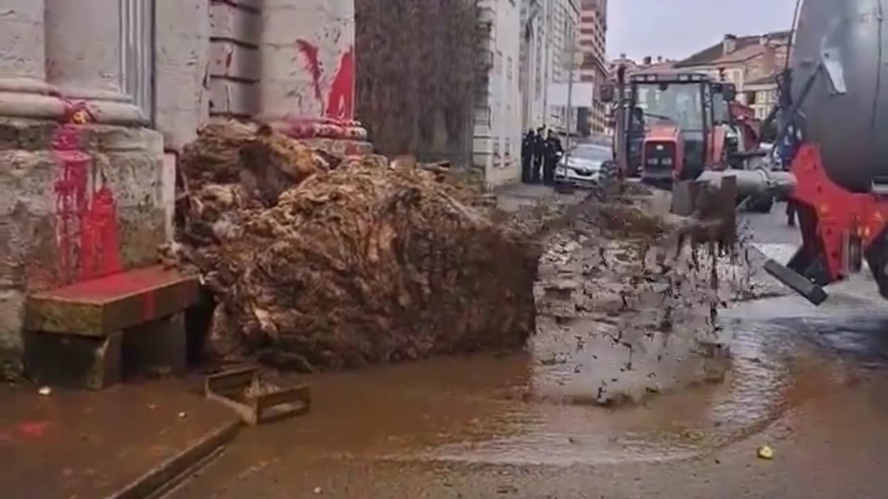 French farmers dump a load of tripe in front of a government building