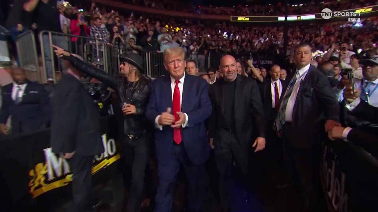 Donald Trump arrives at UFC 295 with Kid Rock, Tucker Carlson, and Dana White