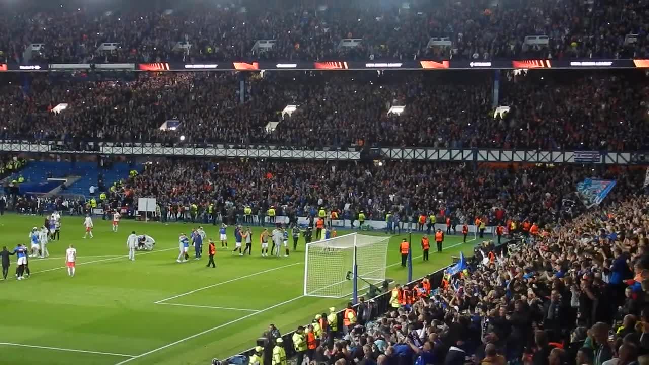 Rangers fans celebrate after final whistle in historic Europa League Semifinal against RB Leipzig