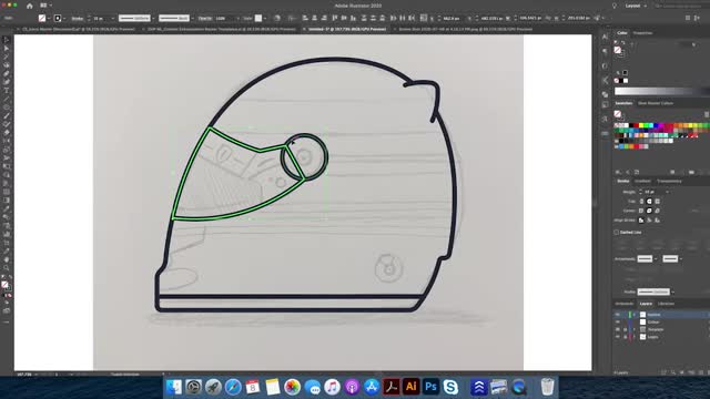 Illustrator how to draw an F1 racing helmet part three.