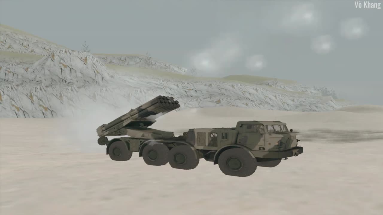 BM-27 Uragan missile launcher deployed in combat mode and firing weapons