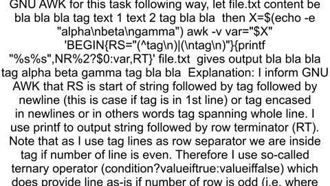 awk command to replace block between two tags with contents of variable