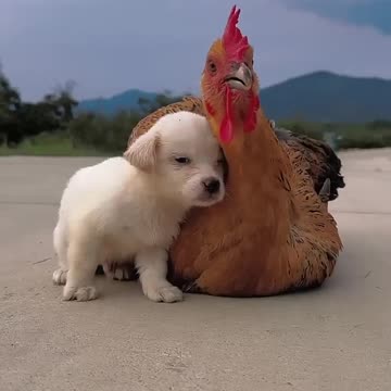 When the weather gets cold, dogs seek out their mother chickens to keep them warm # adorablepet #dog