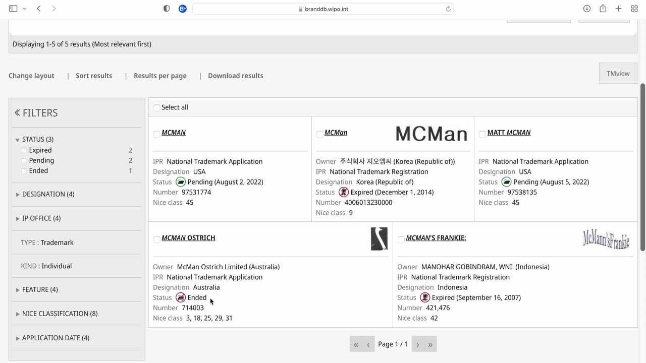 WIPO McMan Trademark Search April 19, 2023