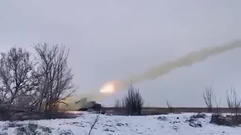 Grad system rocket fails to exit tube and sets vehicle on fire in Svatovo