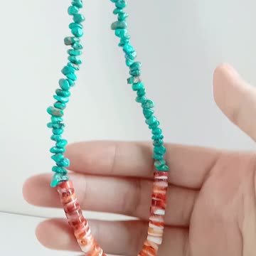 Irregular Blue Natural turquoise and Orange spiny oyster roundle beads stone pendant gift