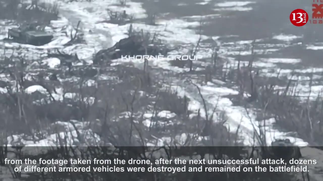 Drone image of destroyed Russian equipments in snowy Avdiivka steppes