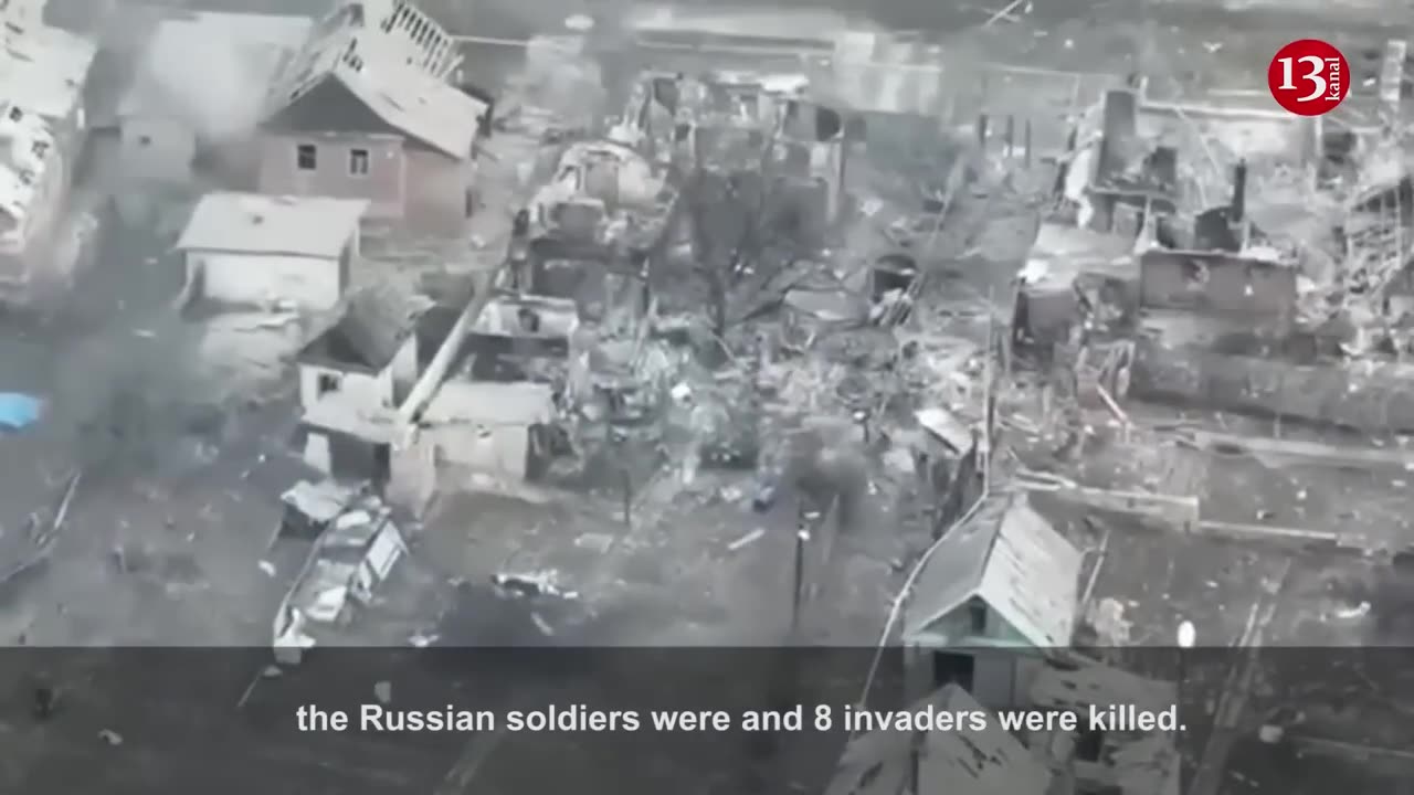 Eight Russian soldiers sheltering in destroyed houses were targeted by drones and artillery