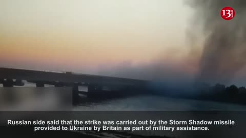 Moment of hitting bridge leading to Crimea by Ukrainian army, there was a strong explosion on bridge