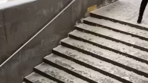 Man walking on bridge and on ice