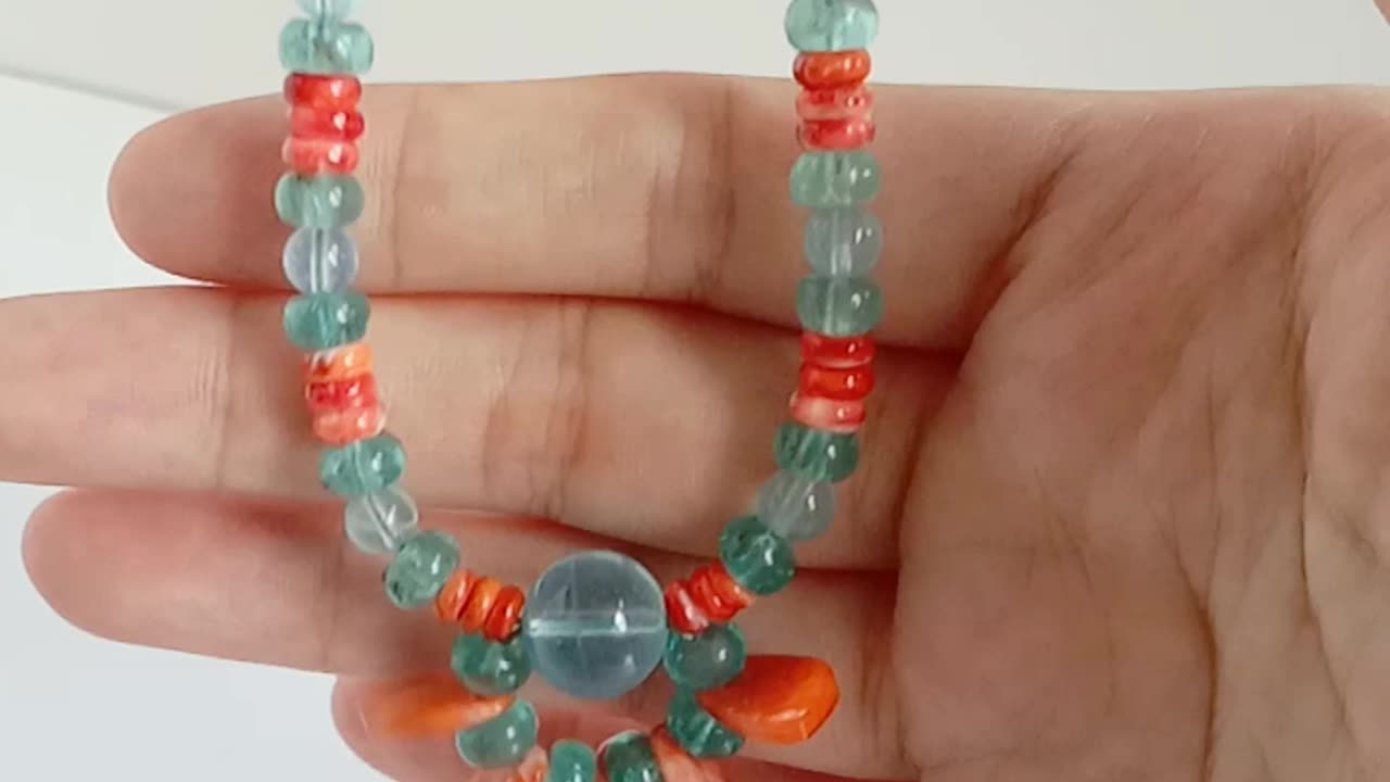 Orange spiny oyster and Amazonite smooth beads Milky Bule Aquamarine Jasper handmade necklace