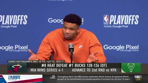 Giannis Antetokounmpo being asked if this season was a failure