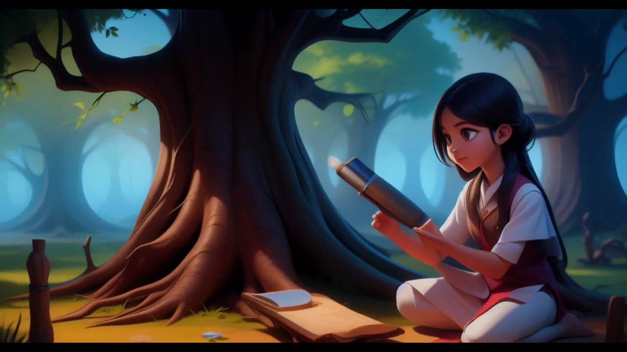 A beautiful girl reading a magical book.