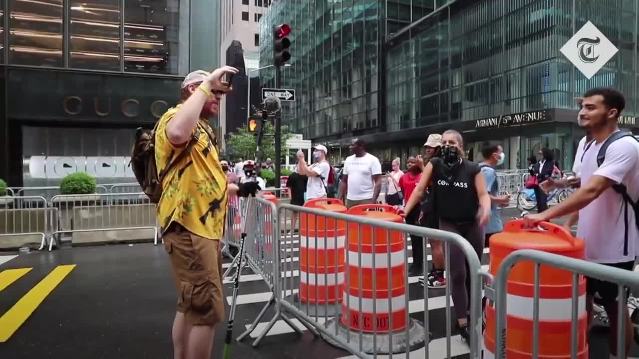 Heated exchanges as Donald Trump supporters protest BLM mural outside Trump Tower