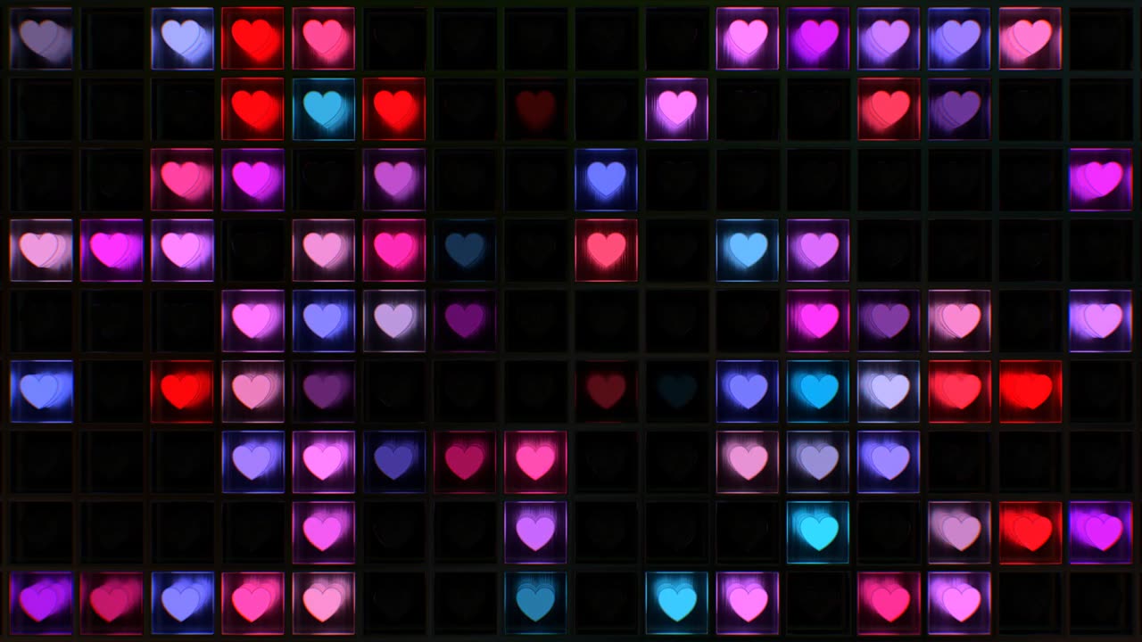 1137. Grid Of Glowing Neon Love Heart Shapes Flash Bright Light Reflections