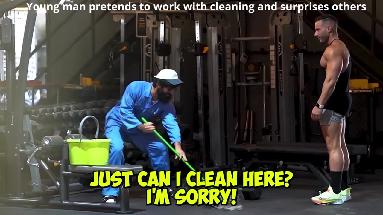 Young man pretends to work with cleaning and surprises others