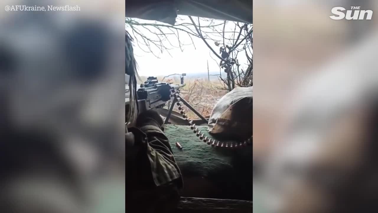 Ukrainian Machine Gunners shoot at Russian invaders from fortified position