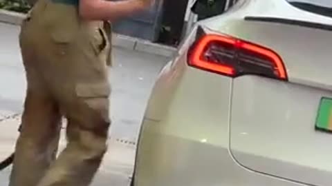 Female tries to put fuel in a Tesla. These people vote