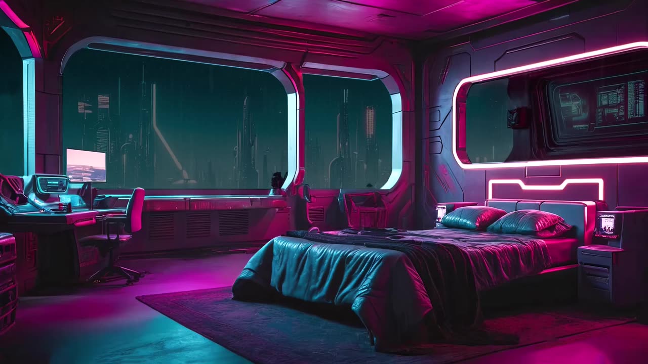 City Night Serenity - Rainfall in a Cozy Neon Bedroom Overlooking the Urban Landscape (8 Hours)