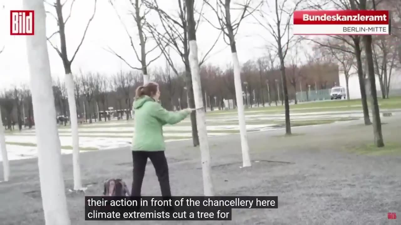 Climate activists cut down a tree in front of the German Chancellery in Berlin